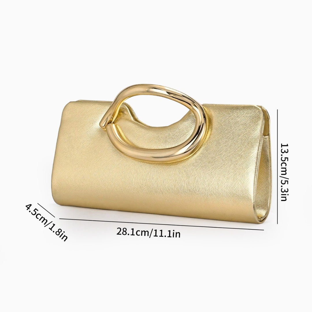 Structured Metallic Evening Clutch with Sculptural Polished Metal Handle Bowlift