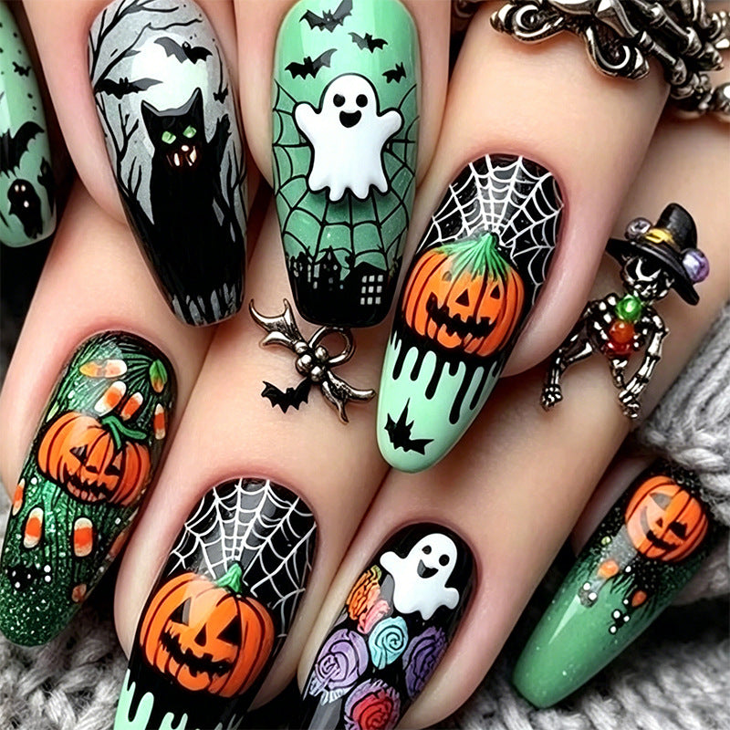 Halloween Artificial Nail Set with Creative Designs and 3D Elements Bowlift