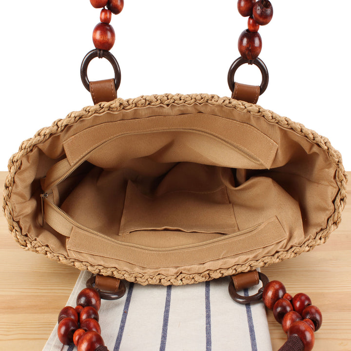 Basket bag with elegant wooden handles and textured surface Bowlift