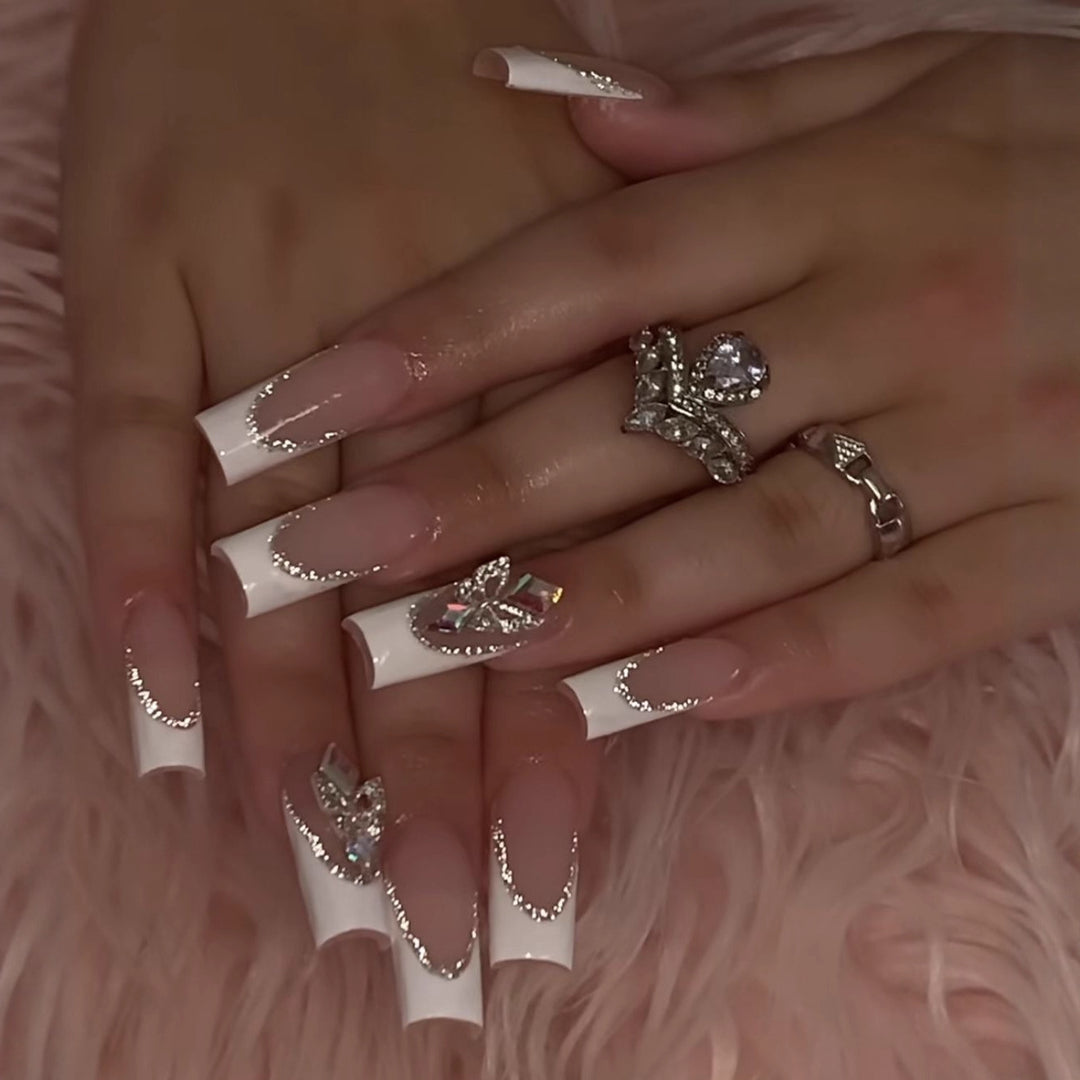 Acrylic nail set with elegant rhinestone and modern tip decorations Bowlift