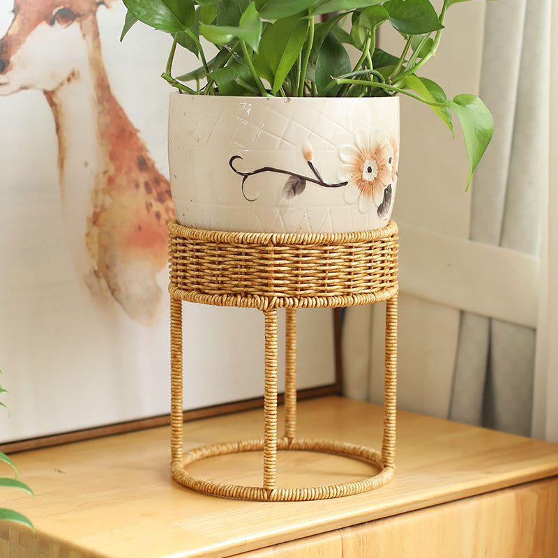 Unisex Modern Plant Stand with Woven Basket and Metal Frame Bowlift
