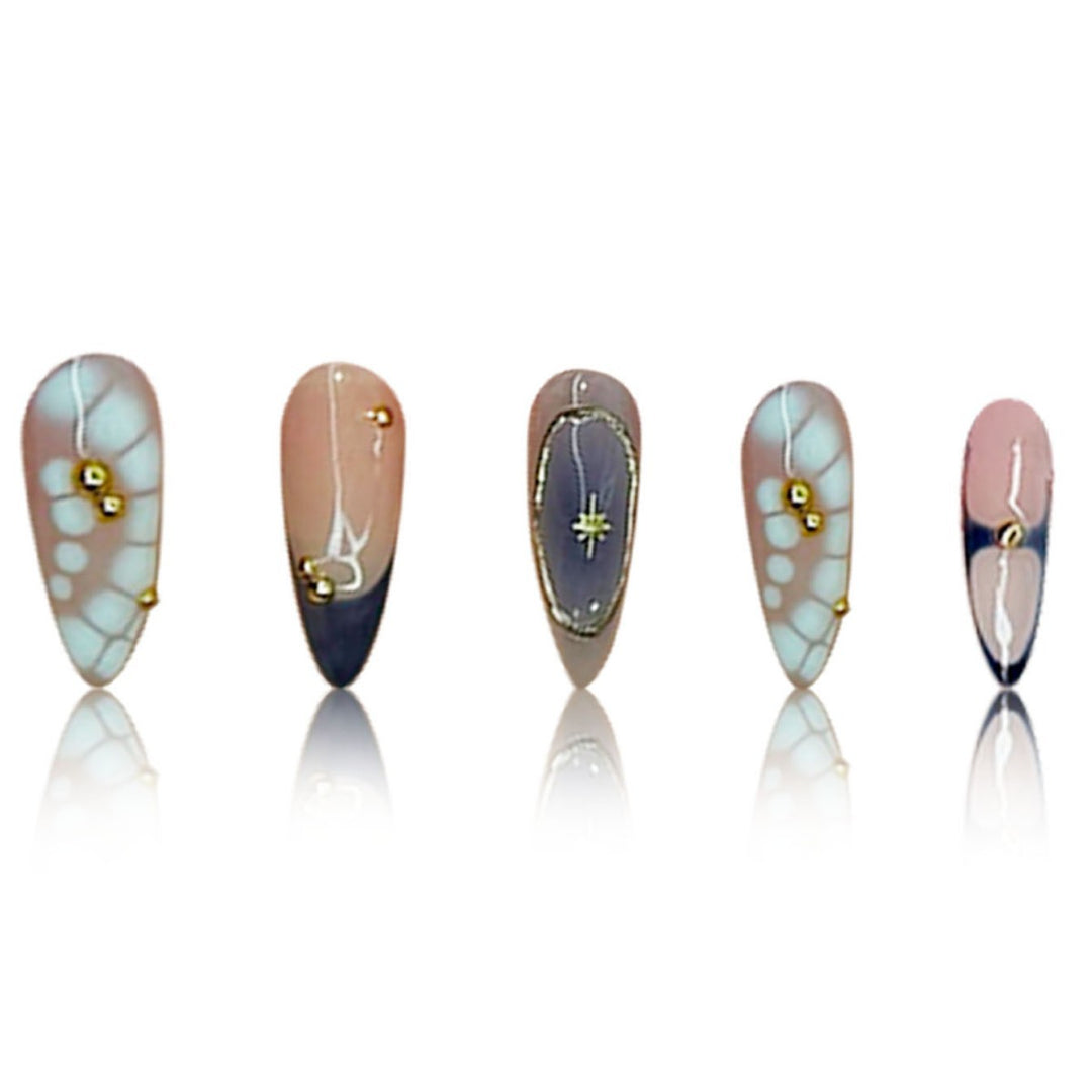 Premium Artistic Stiletto Press-On Nails with Gold Accents Bowlift