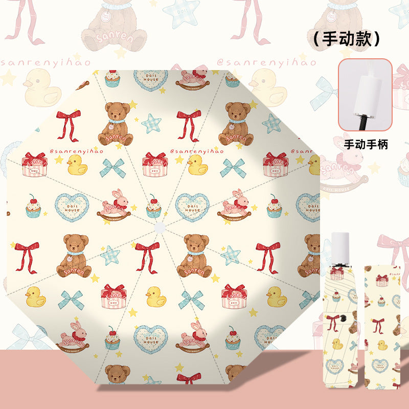 Women's folding umbrella with automatic opening mechanism and playfully themed design Bowlift