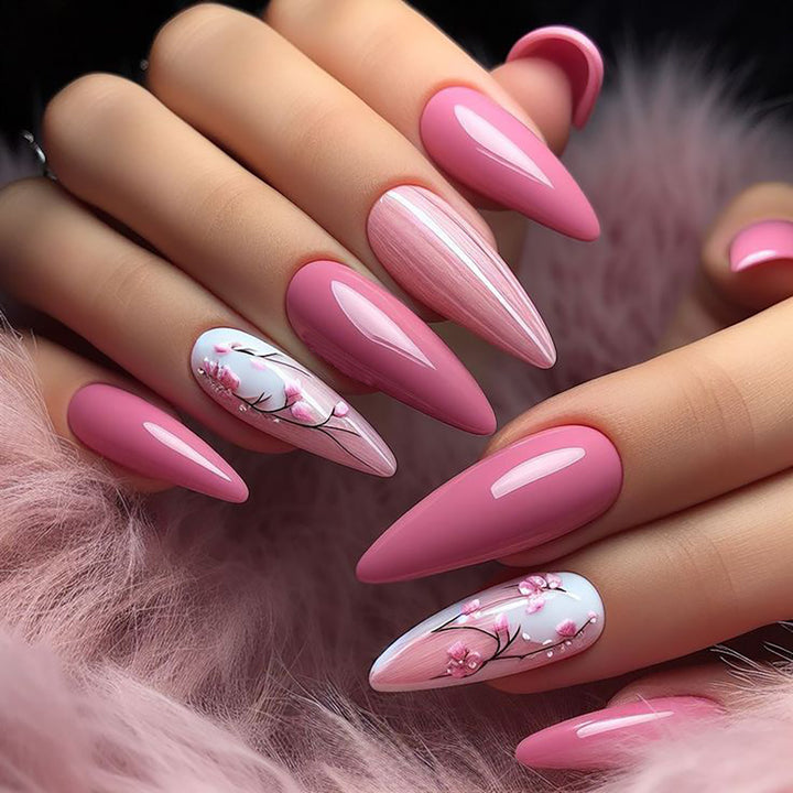 Stiletto Press-On Nails with Floral Design Bowlift