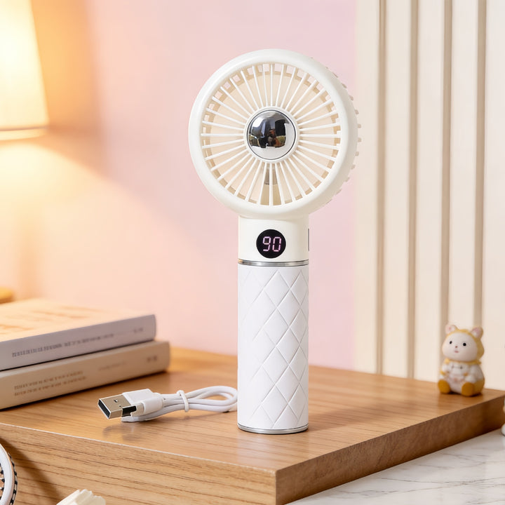 Ladies Portable Mini Hand Fan with Digital Temperature Display and Cute Bear Design Bowlift