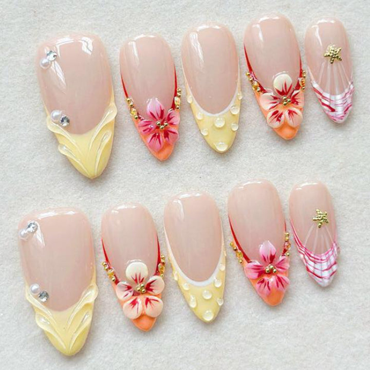 Artificial nail set with glamorous floral and glitter decorations Bowlift