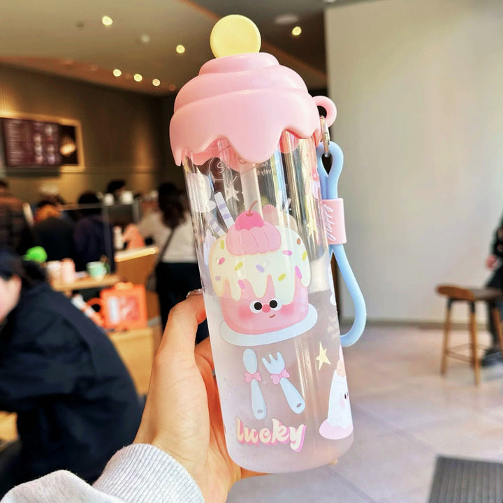 Kawaii Silicone-Topped Reusable Water Bottle with Carry Strap and Cute Dessert Print Bowlift