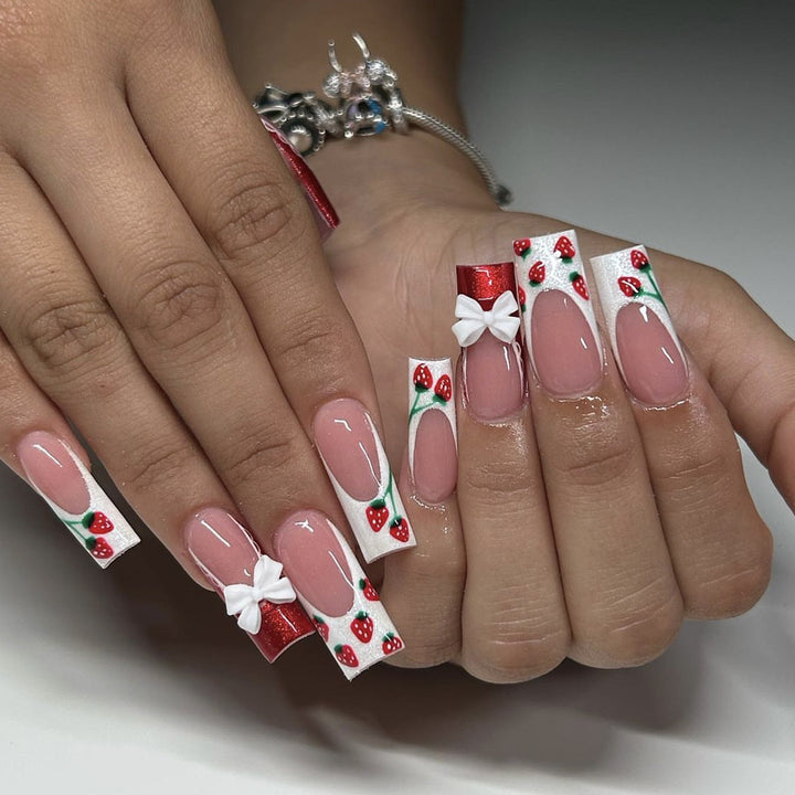 Strawberry Bow-Accent Acrylic Nail Art Extensions Bowlift