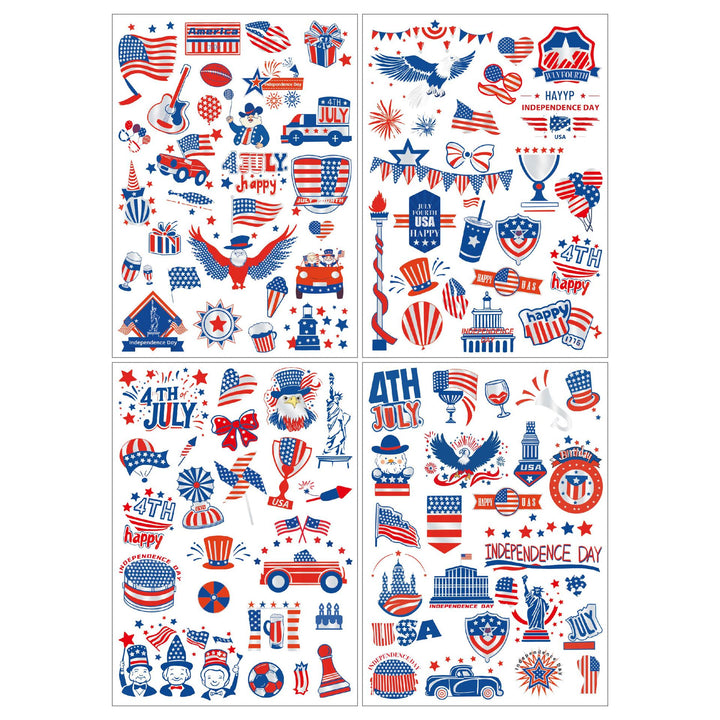 Independence Day illustrated temporary tattoo sheets with assorted patriotic icons skin-safe waterproof Bowlift
