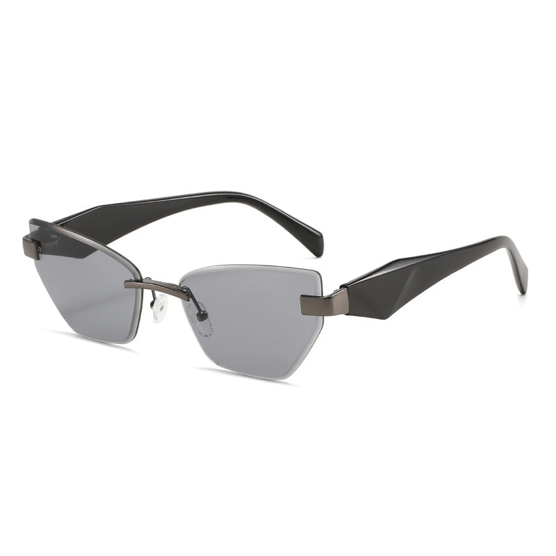 Rimless Geometric Cat-Eye Sunglasses with Sculpted Temples Bowlift