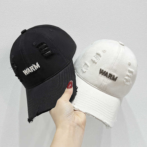 Women's Distressed Cotton Cap with Embroidered Message Bowlift