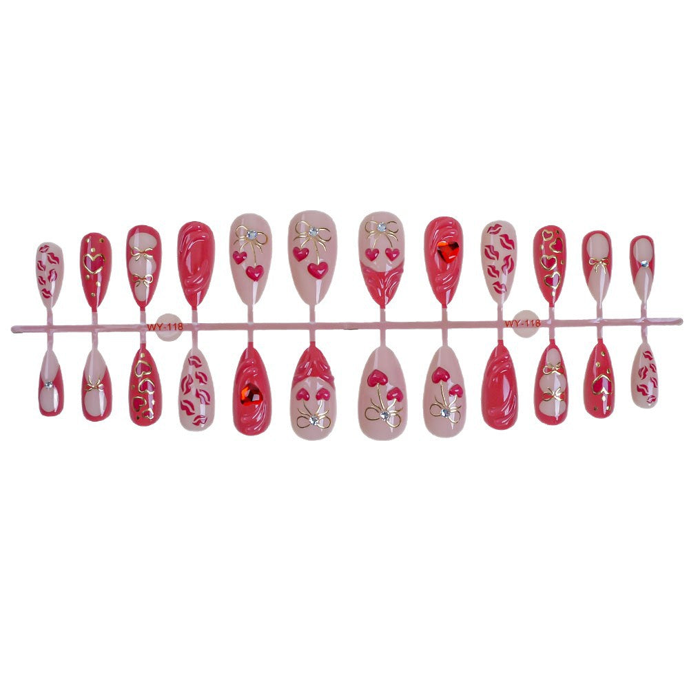 Romantic Heart-Themed Press-On Nail Set Bowlift
