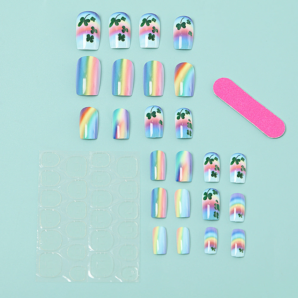 Artificial nails with colorful rainbow and clover leaf designs Bowlift
