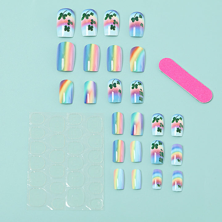 Artificial nails with colorful rainbow and clover leaf designs Bowlift