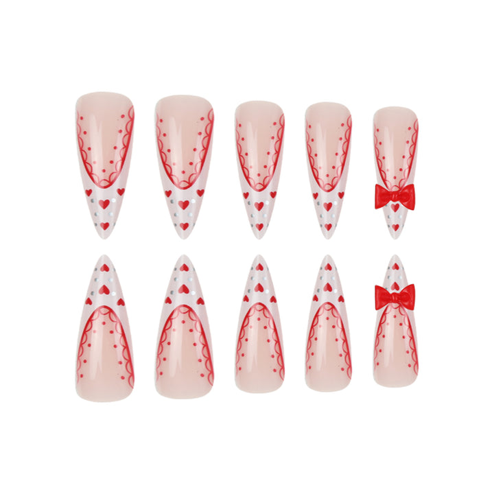 Stiletto Press-On Nail Art Set with Heart and Bow Design Bowlift