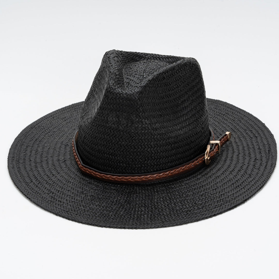 Straw Flat Brim Hat with Leather Trim | Bowlift