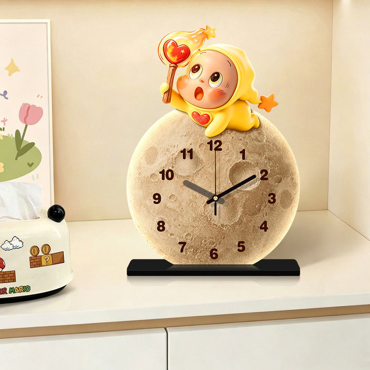 Lunar Texture Table Clock with LED Night Light and Star Character Bowlift