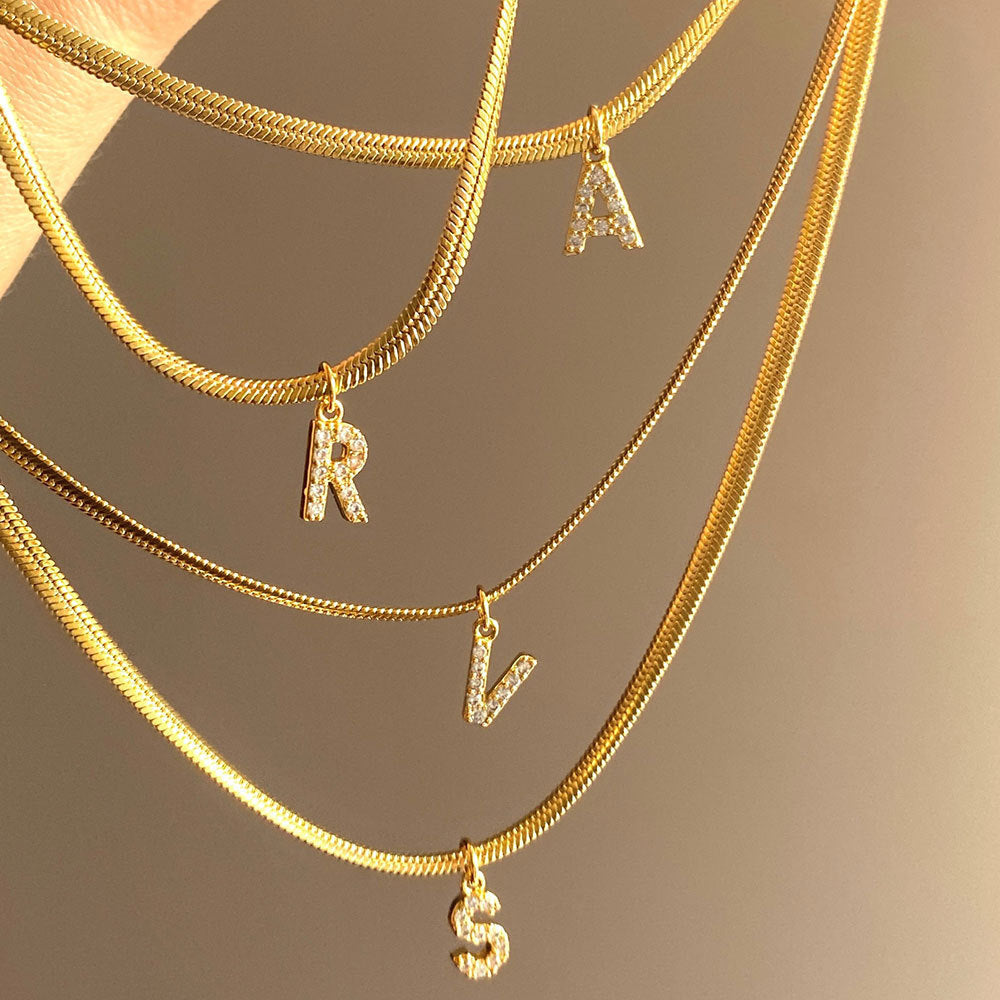 BowLift | Dainty Diamond Letter Initial Herringbone Necklace