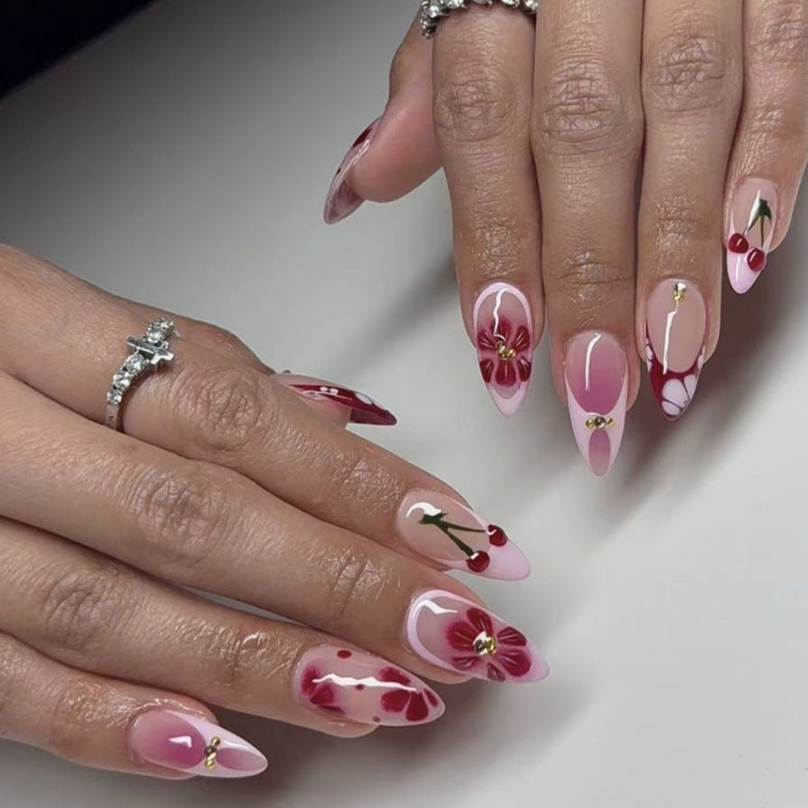Artistic Floral and Cherry-Embellished Press-On Nails Bowlift