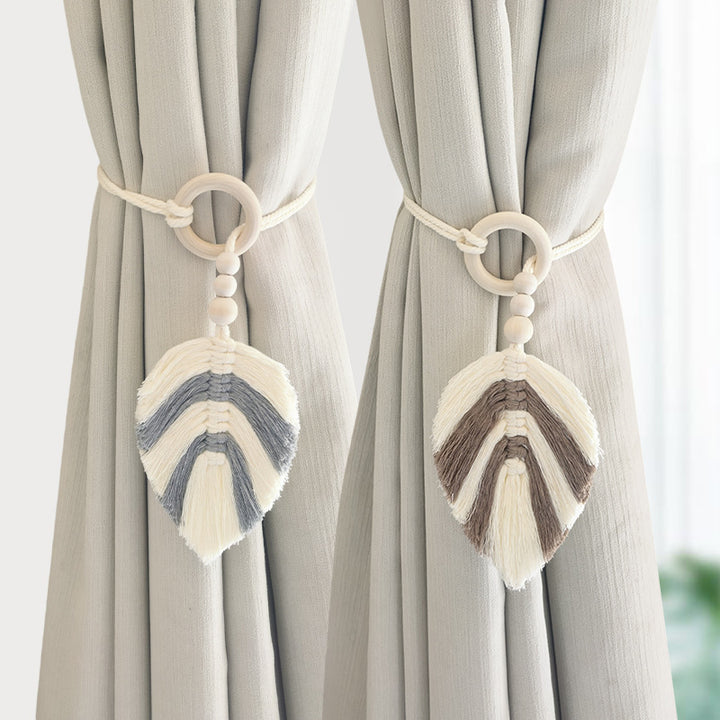 Decorative Layered Tassel Curtain Tieback with Wooden Beads and Loop Ring Bowlift