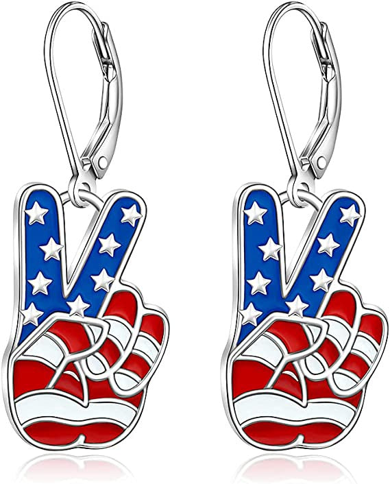 Women's nan patriotic peace sign enamel dangle earrings with leverback clasp and hypoallergenic plating Bowlift