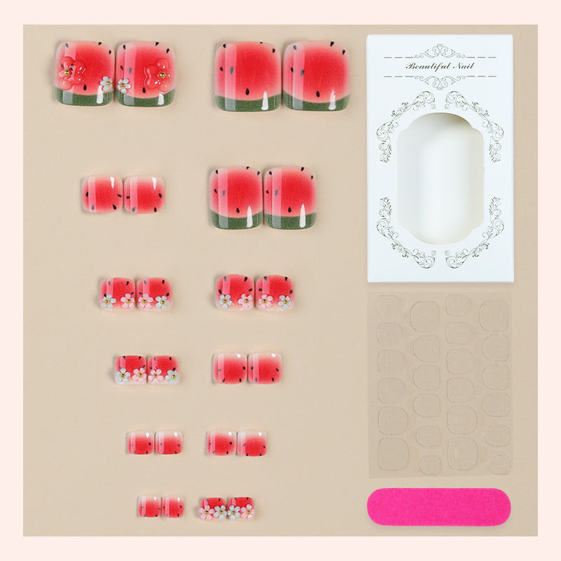 Creative nail art set with cheerful watermelon designs and delicate floral accents Bowlift