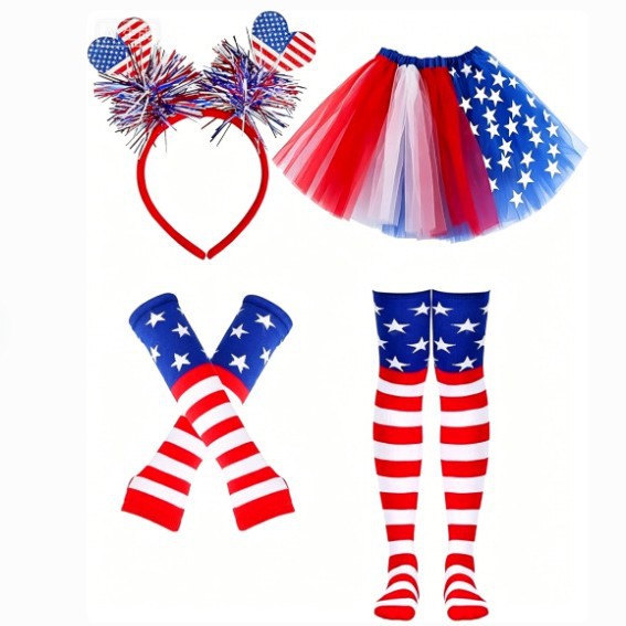 Women's Independence Day tulle tutu skirt with oversized bow headband over-the-knee star-striped stockings and matching arm sleeves Bowlift