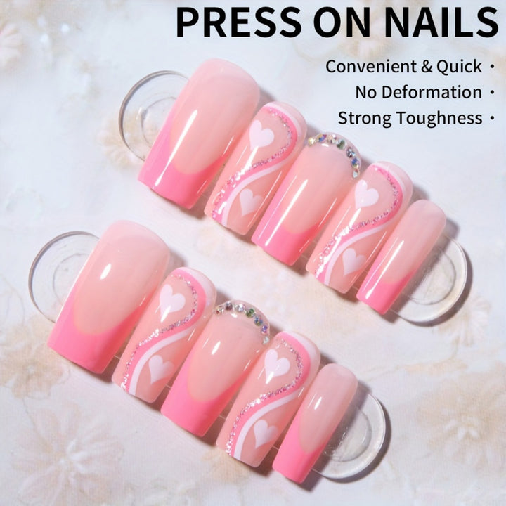 Artificial nail set with romantic heart designs and glamorous accents Bowlift