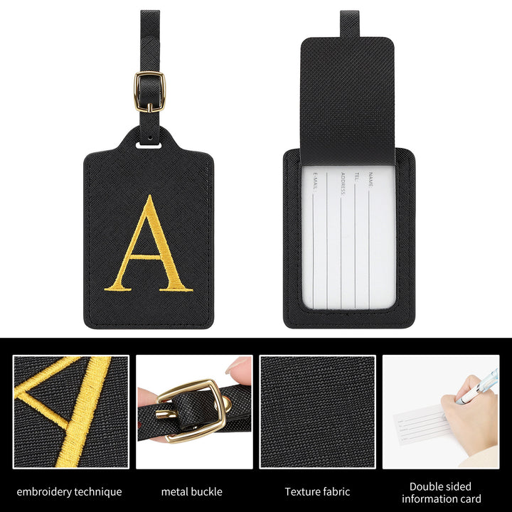 embroidered initial monogram leather luggage tag with adjustable buckle strap Bowlift