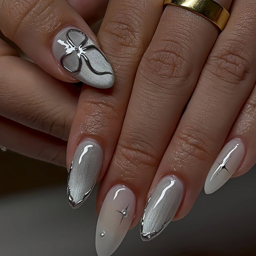 Elegant Stiletto Nail Art Extensions with Silver Accents Bowlift