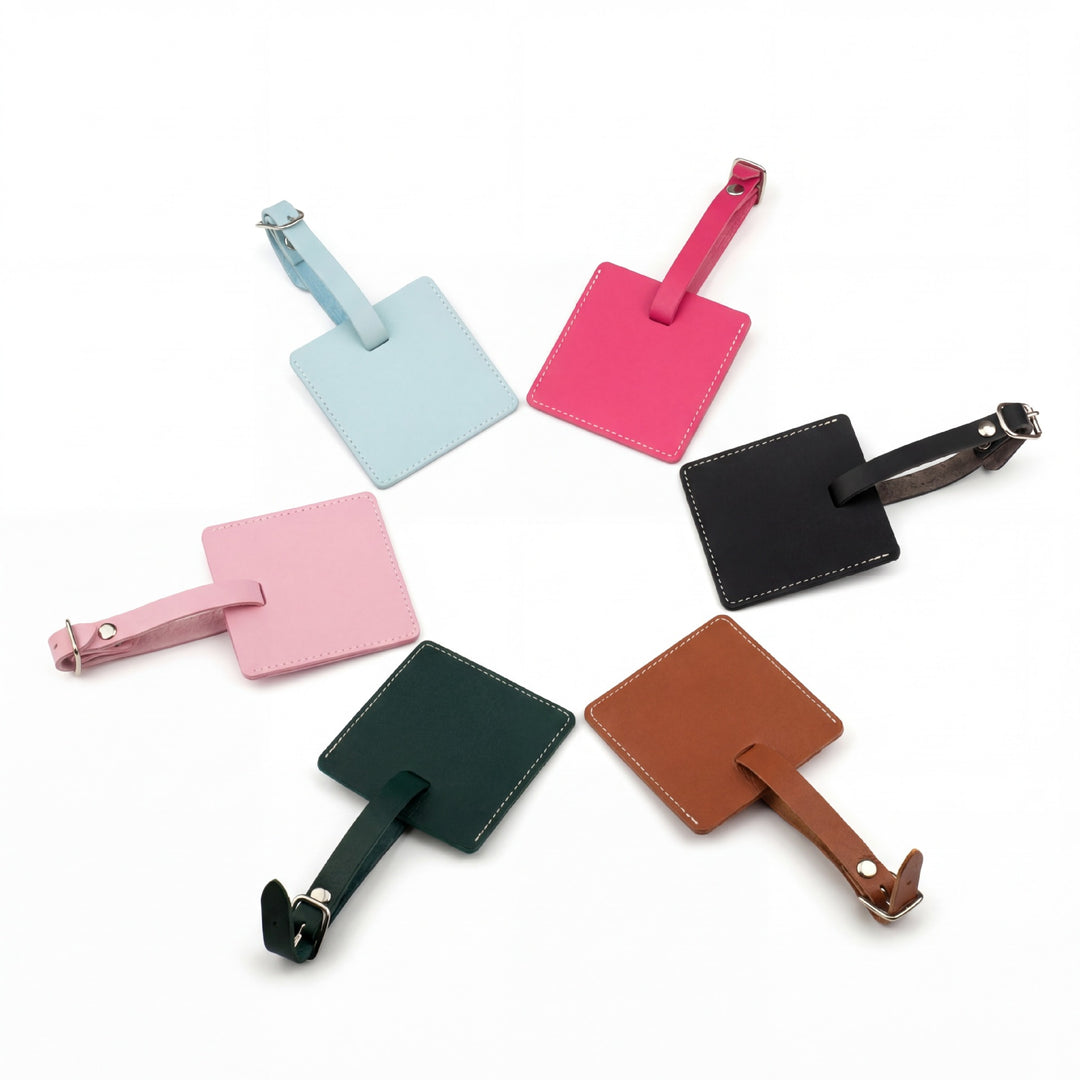 Premium leather luggage tag with adjustable buckle strap and protective ID card sleeve Bowlift