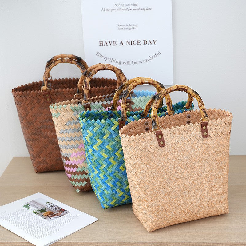 Bamboo Handle Bag Made of Braided Material Bowlift