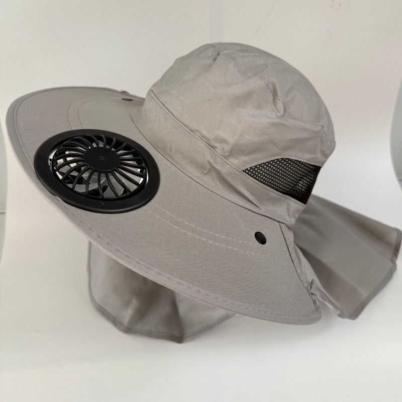Non-ventilated sun hat with removable fan, neck protection, and adjustable chin strap Bowlift