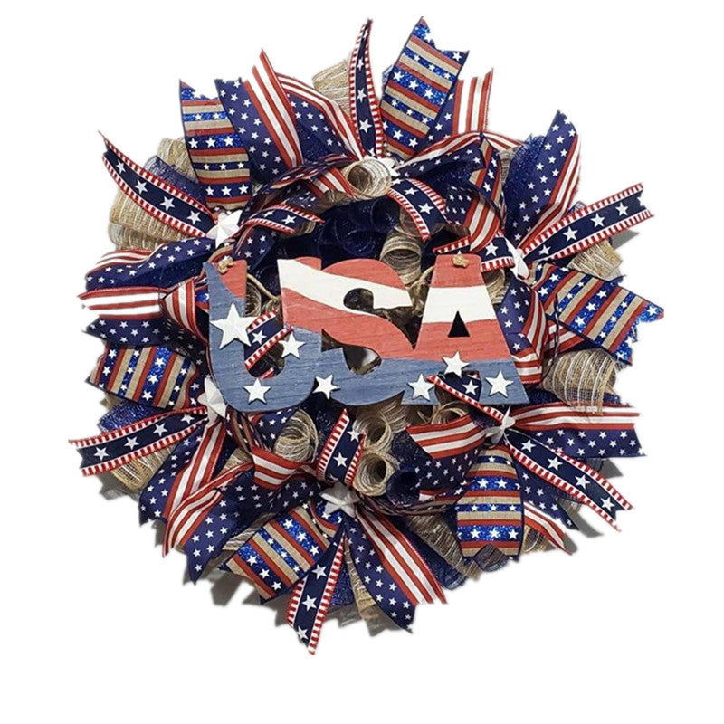 Unisex nan patriotic burlap ruffle wreath with printed God Bless America medallion Bowlift