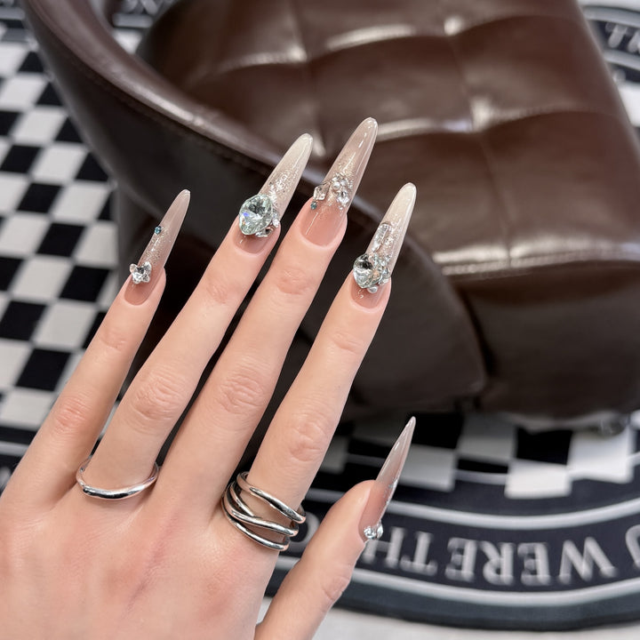 Glamorous Stiletto Press-On Nail Tips with Crystal Embellishments Bowlift