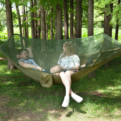 BowLift | Portable Outdoor Camping Fully Automatic Nylon Parachute Hammock with Mosquito Nets, Size: 250 x 120cm (Olive Green)