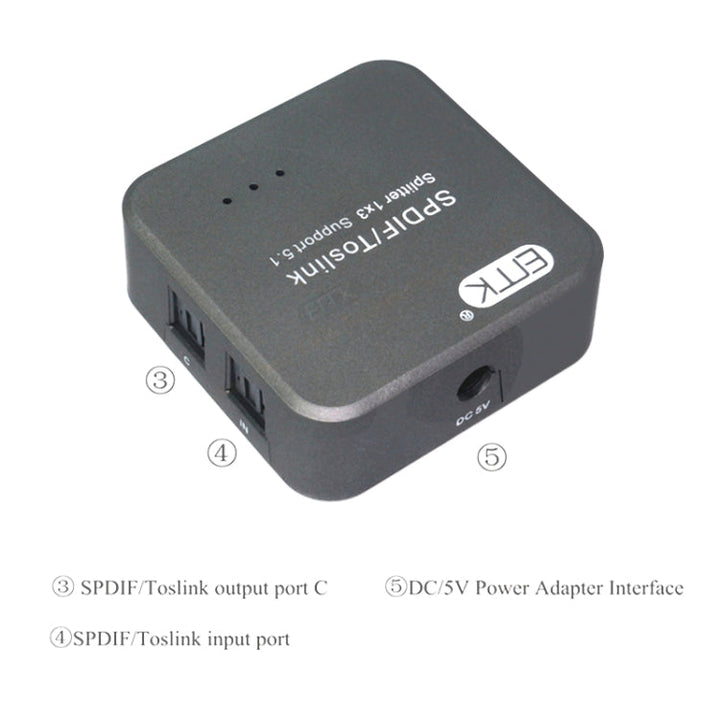 BowLift | EMK 1 Input 3 Output Digital Optical Audio SPDIF Toslink Splitter Adapter (Silver Gray)