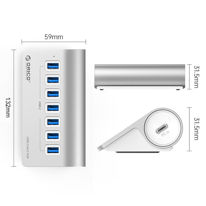 BowLift | ORICO M3U7-G2 Aluminum Alloy 7-Port USB 3.2 Gen2 10Gbps HUB with 0.5 m Cable (Silver)