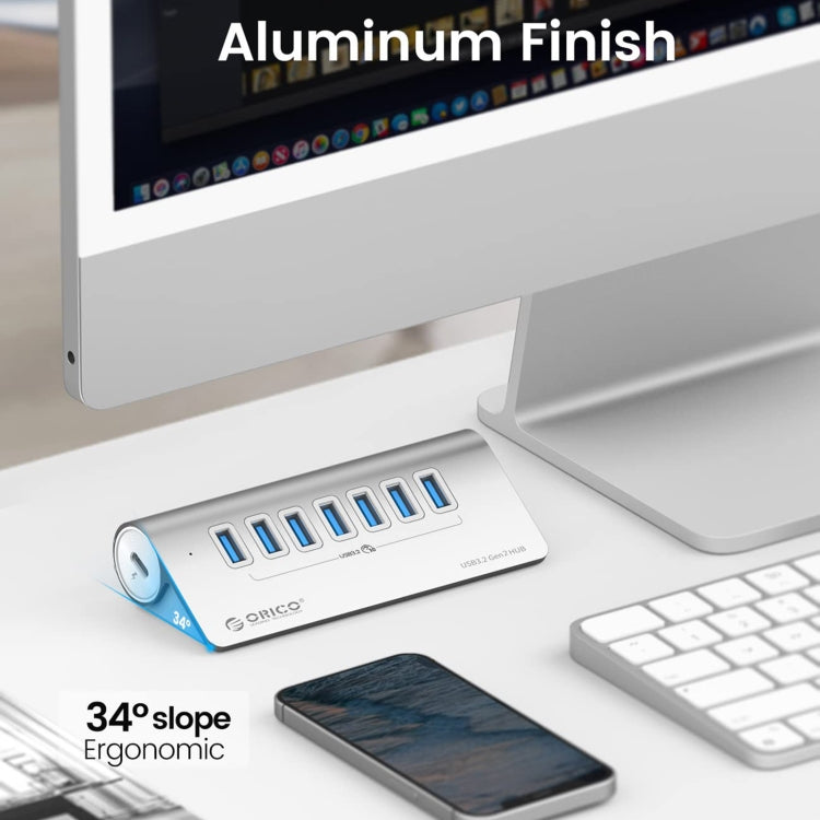 BowLift | ORICO M3U7-G2 Aluminum Alloy 7-Port USB 3.2 Gen2 10Gbps HUB with 0.5 m Cable (Silver)