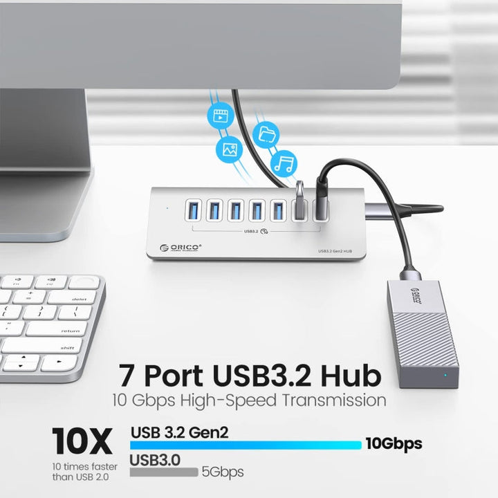 BowLift | ORICO M3U7-G2 Aluminum Alloy 7-Port USB 3.2 Gen2 10Gbps HUB with 0.5 m Cable (Silver)