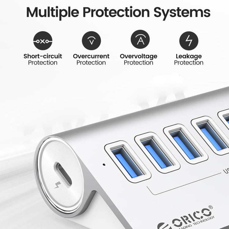 BowLift | ORICO M3U7-G2 Aluminum Alloy 7-Port USB 3.2 Gen2 10Gbps HUB with 0.5 m Cable (Silver)
