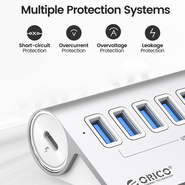 BowLift | ORICO M3U7-G2 Aluminum Alloy 7-Port USB 3.2 Gen2 10Gbps HUB with 0.5 m Cable (Silver)