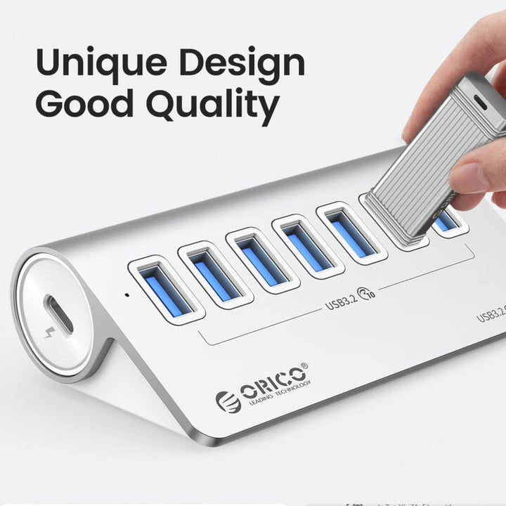 BowLift | ORICO M3U7-G2 Aluminum Alloy 7-Port USB 3.2 Gen2 10Gbps HUB with 0.5 m Cable (Silver)