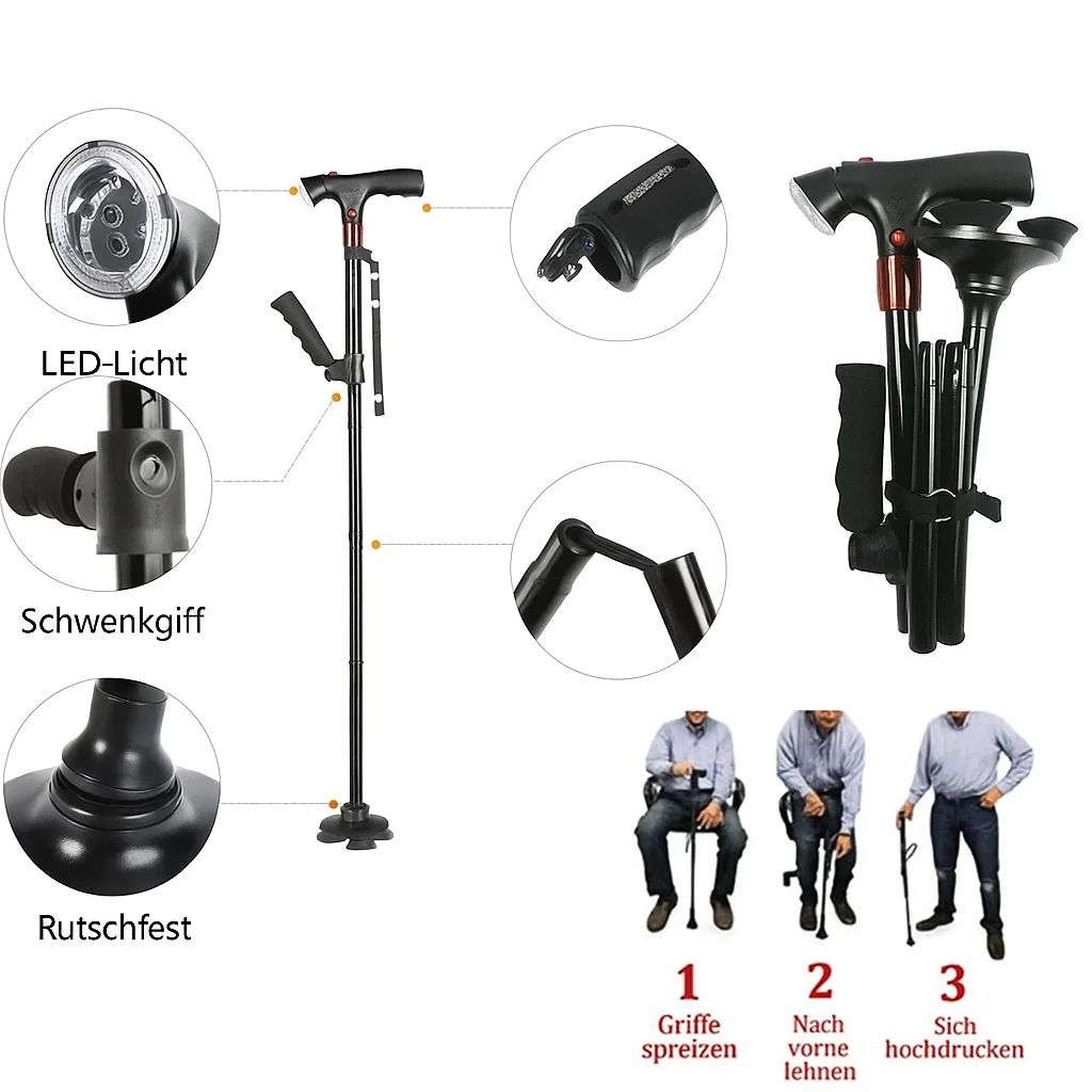 BowLift | Foldable Walking Cane with LED Light | Height Adjustable | Anti-Slip Base | Alarm Function | Lightweight Aluminum