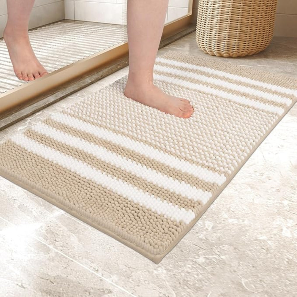 BowLift | Pebble-Knit Striped Chenille Bath Mat
