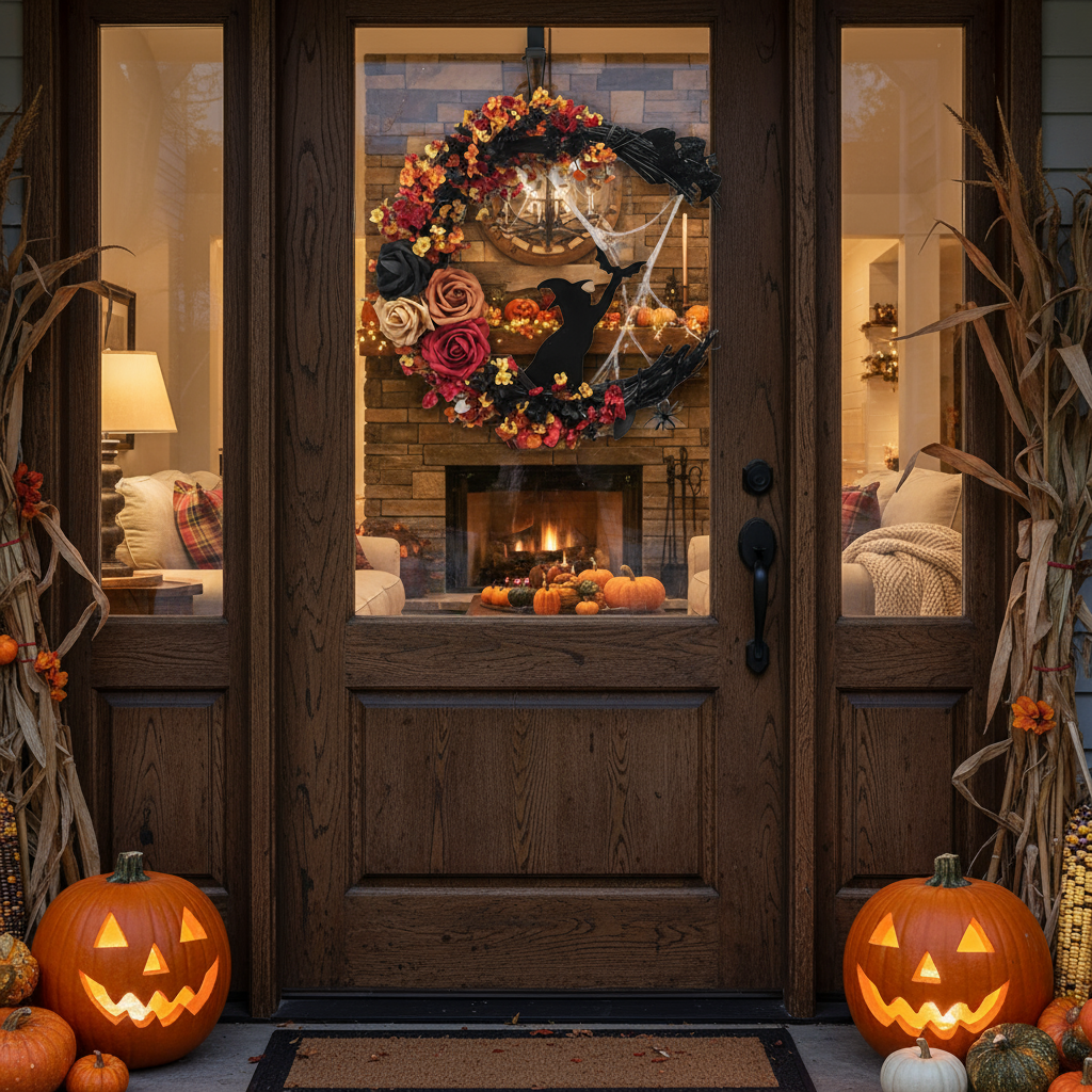 BowLift | Gothic Door Wreath with Witch Cat | Halloween Decoration