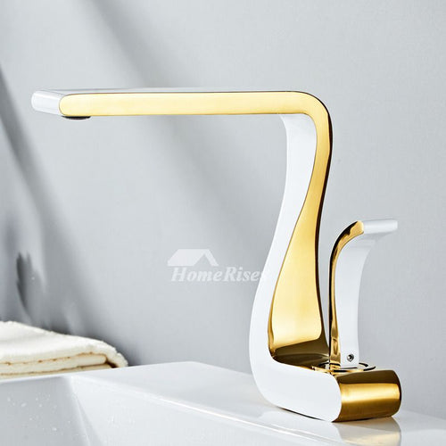BowLift | Polished Gold Bathroom Sink Faucets Single Handle Luxury Brass White Modern One Hole