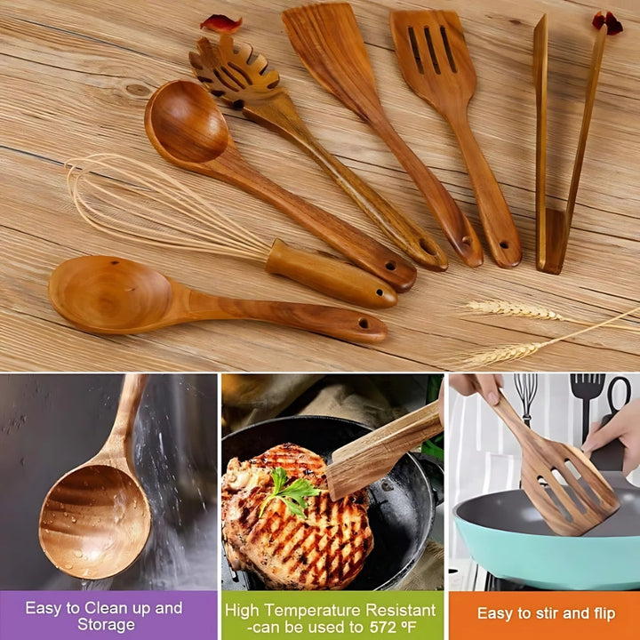 BowLift | Wooden Cooking Utensils Set Teak Non Stick