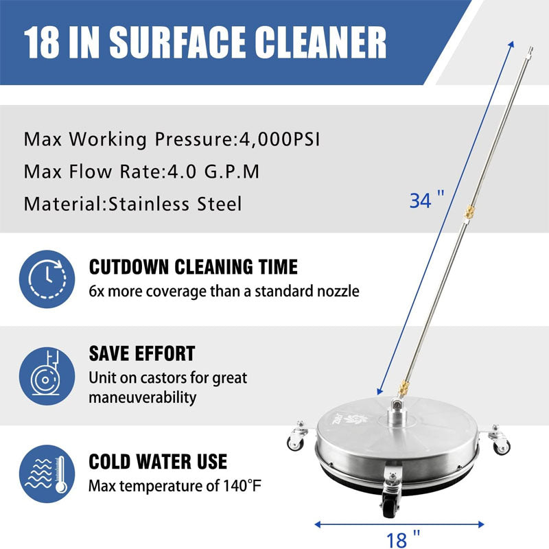 BowLift | 18" Pressure Washer Surface Cleaner with 4 Wheels,1/4" Quick Plug 2 Extension Wand Attachments