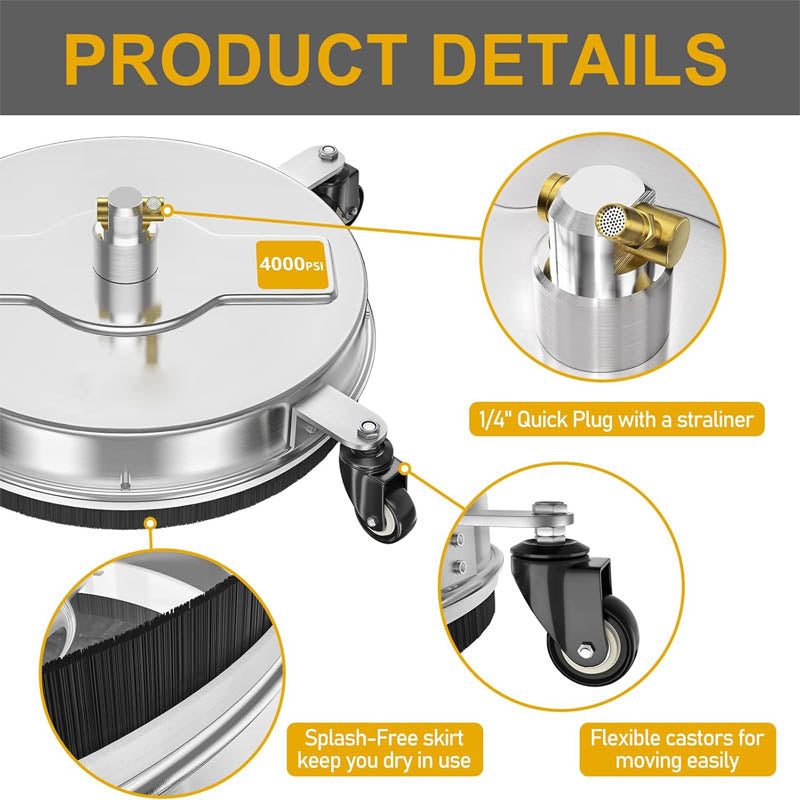 BowLift | 16.5'' Pressure Washer Surface Cleaner with  2 Extension Wand 2 Replacement Nozzles For Floor Driveway